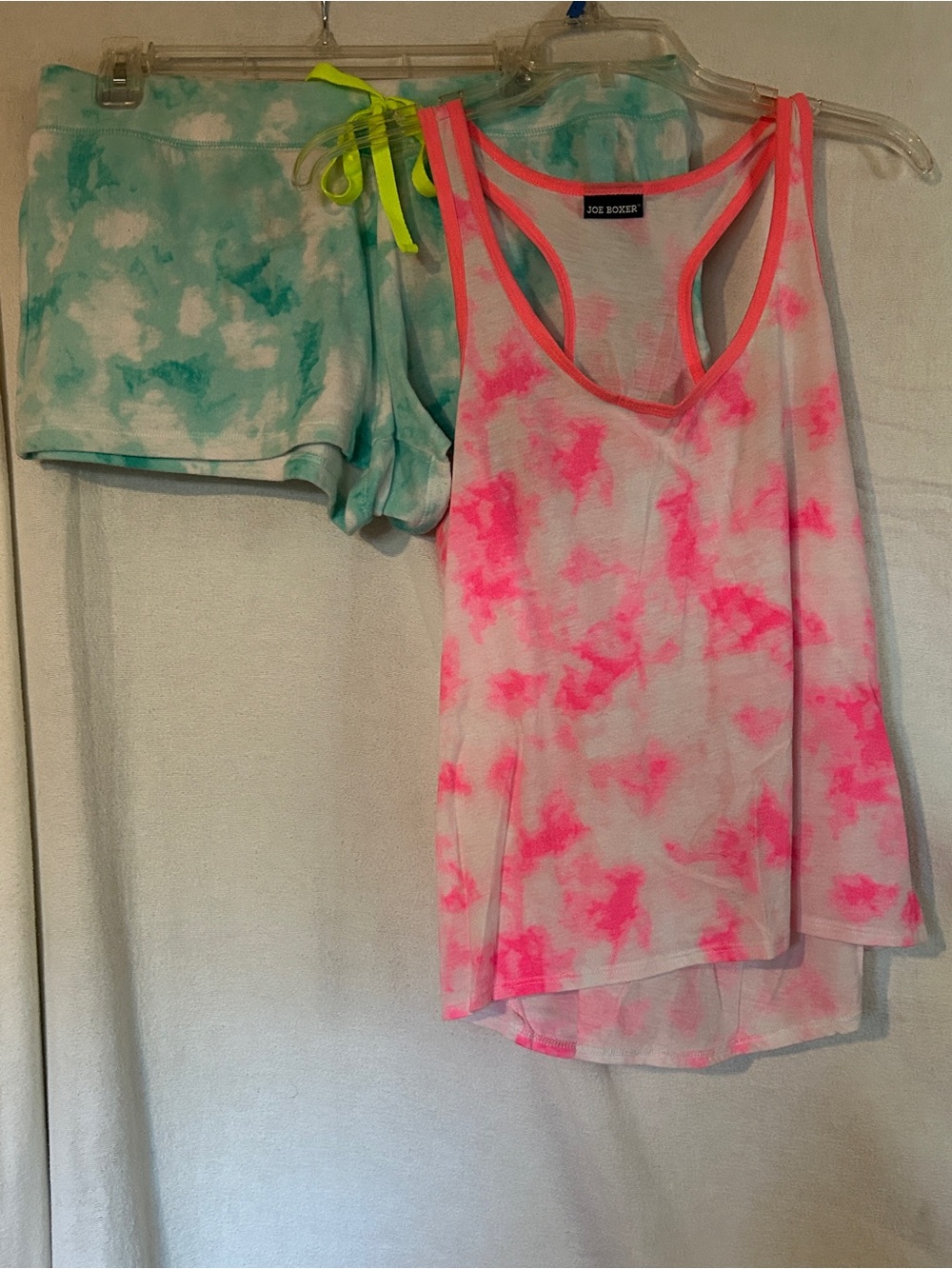 Joe Boxer Neon Pink Tie-Dye Racerback Tank Top Green Shorts